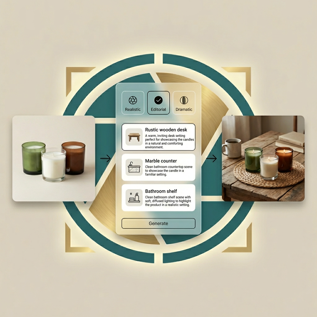 CatalogShot story showing original product, AI scene suggestions, and final generated result