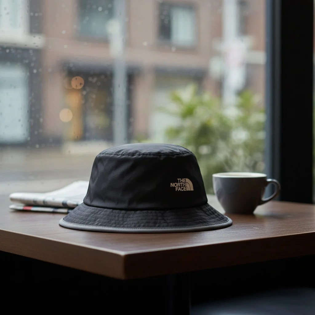 A black North Face bucket hat alone on a wooden café table by a rain-streaked window &mdash; composition: None.