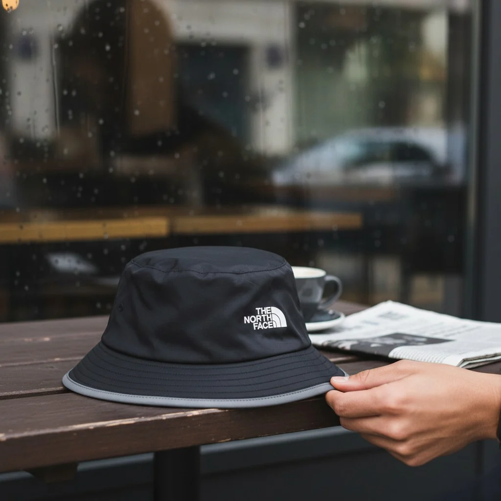 A hand resting on a black North Face bucket hat on a wooden café table &mdash; composition: Partial, hand only, no face.