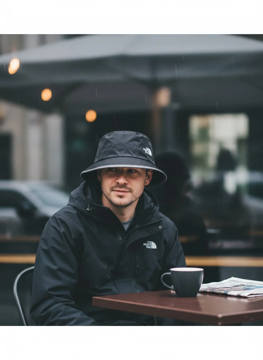 A man at a city café table in the rain, wearing a black North Face bucket hat &mdash; composition: Full, face visible.