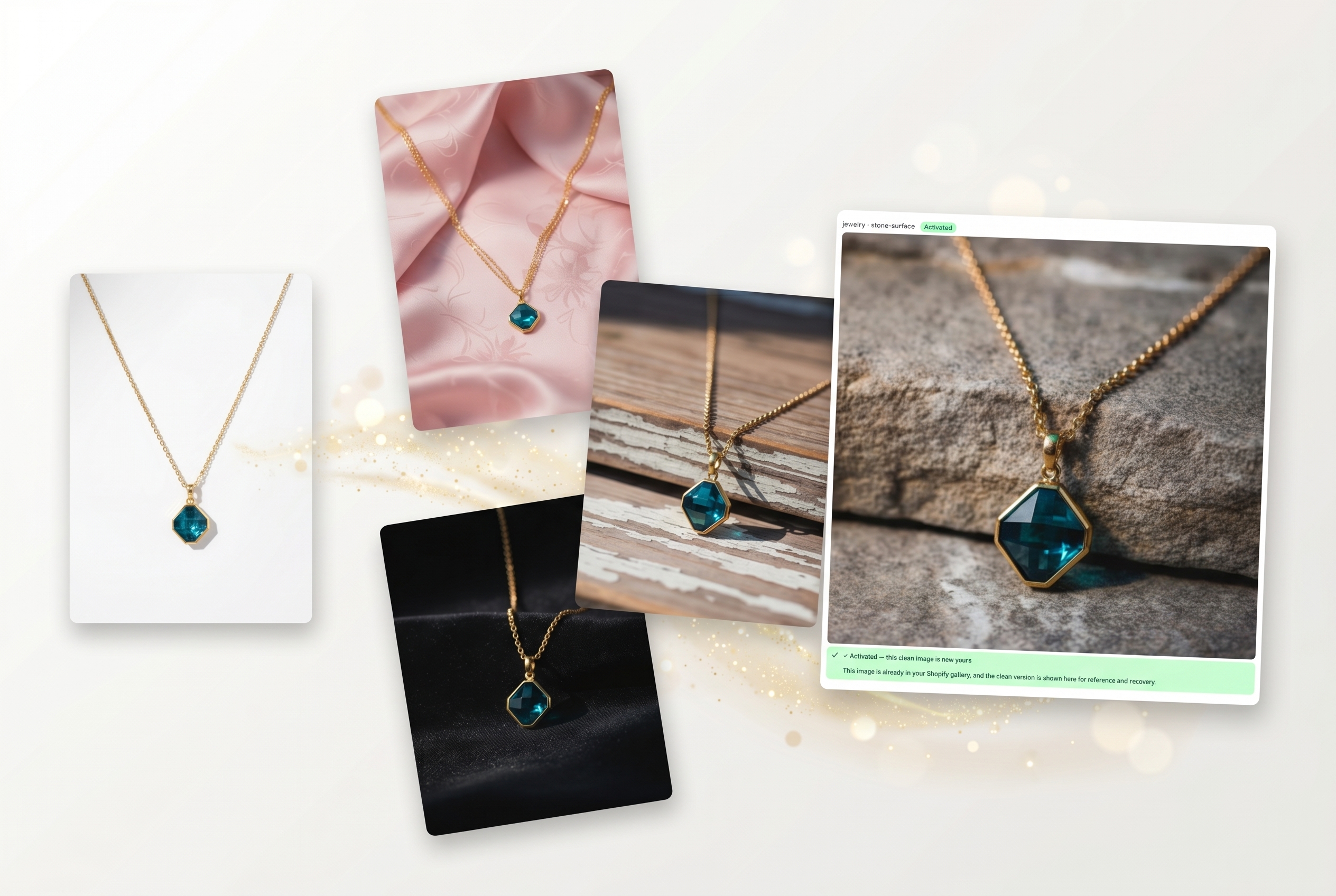 CatalogShot collage showing one original product image, multiple generated variations, and one activated winning result