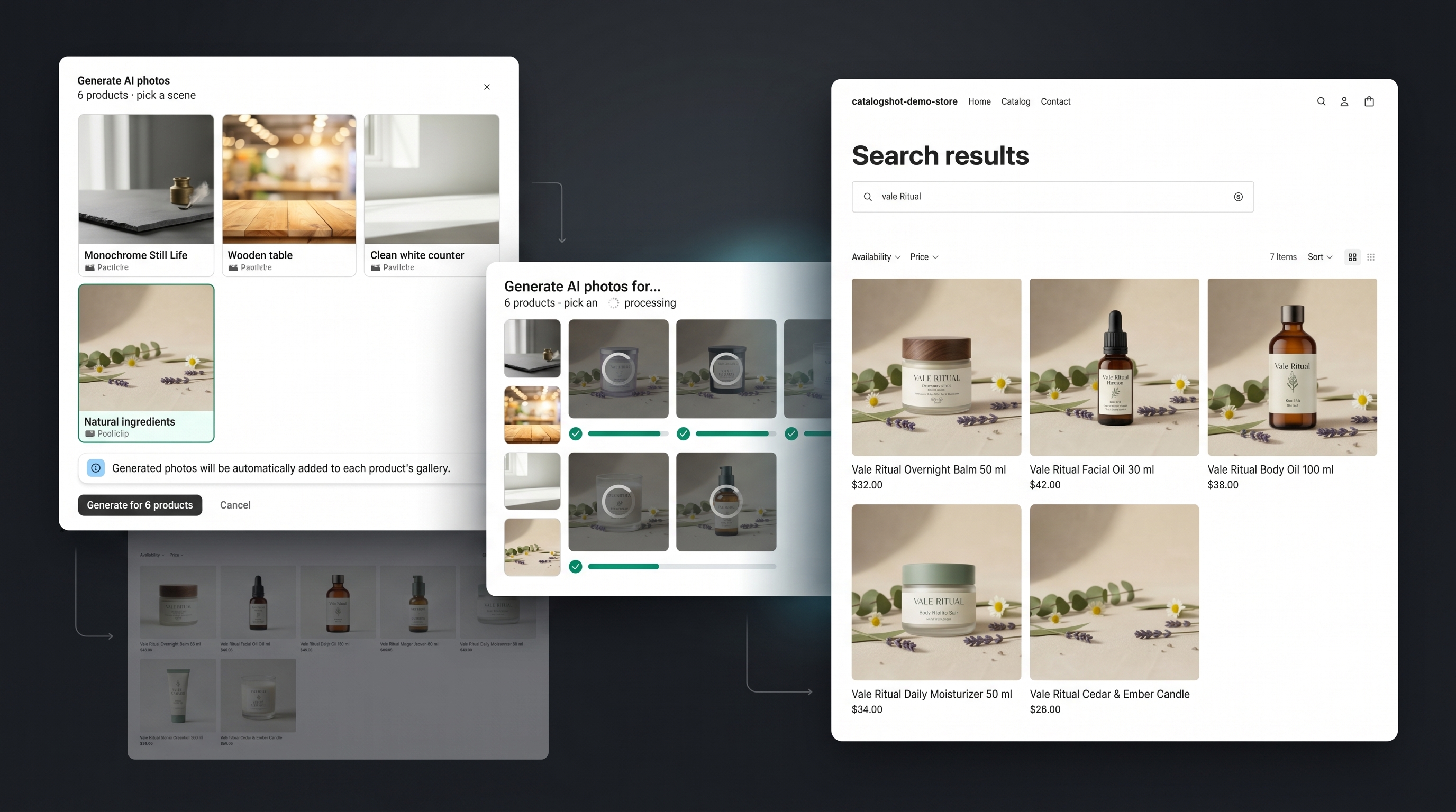 CatalogShot bulk workflow composition showing apply scene settings, generation progress, and updated Shopify catalog results