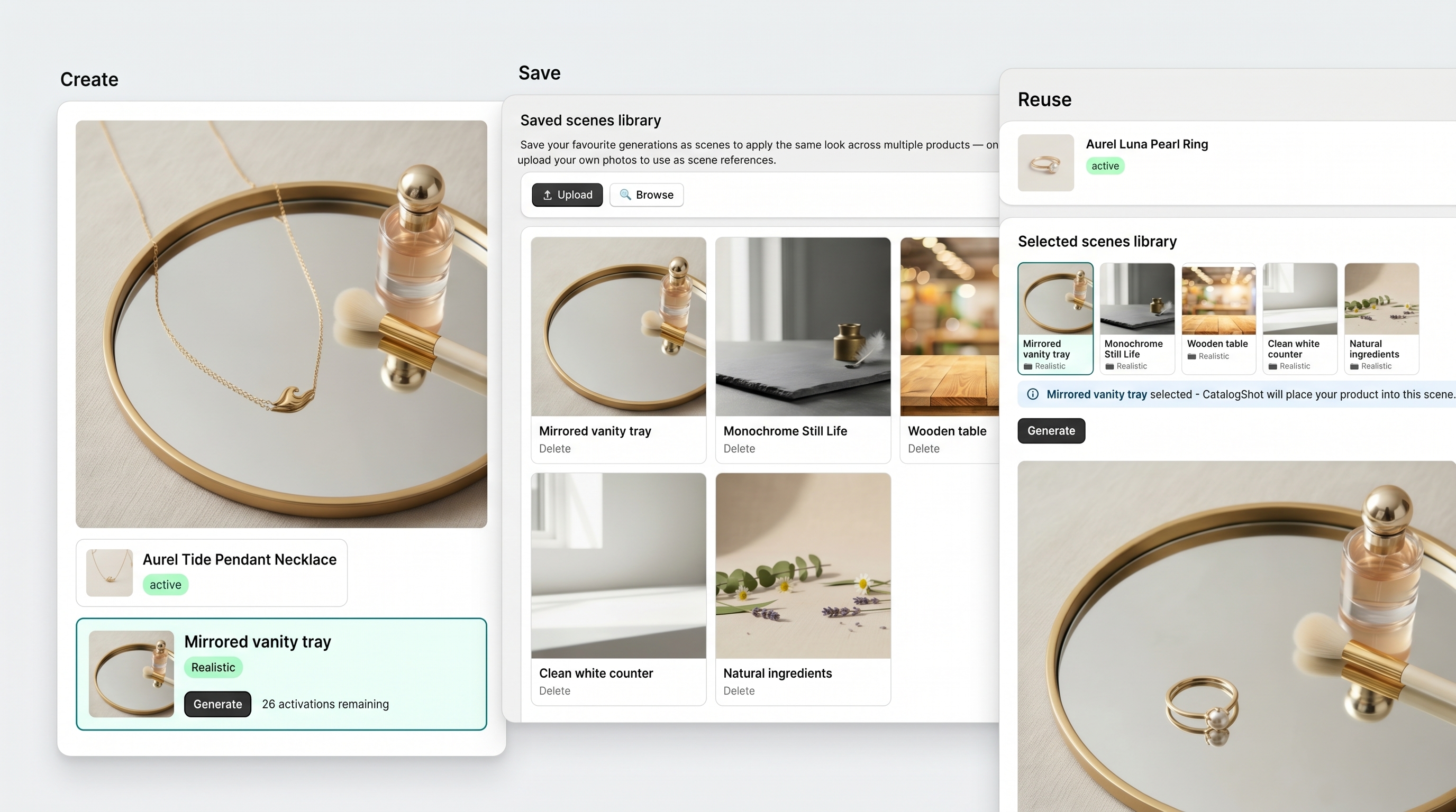 CatalogShot proof composition showing catalog transformation and reusable scene workflow