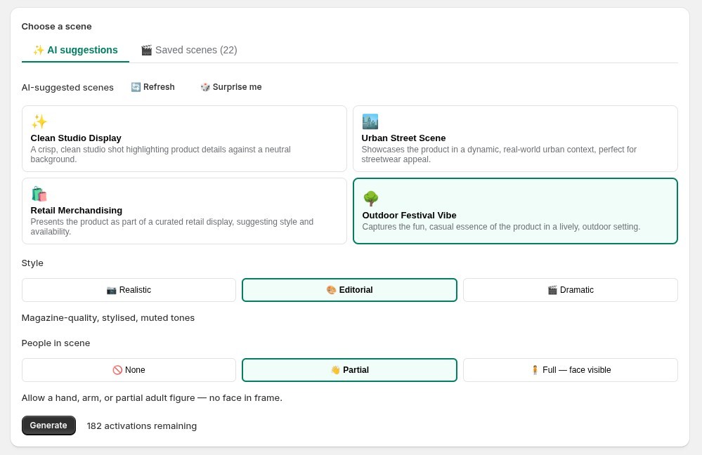 CatalogShot scene picker UI showing four AI-proposed scenes for a product (Clean Studio Display, Urban Street Scene, Retail Merchandising, Outdoor Festival Vibe), an Editorial style, and the composition controls (People in scene: None / Partial / Full).