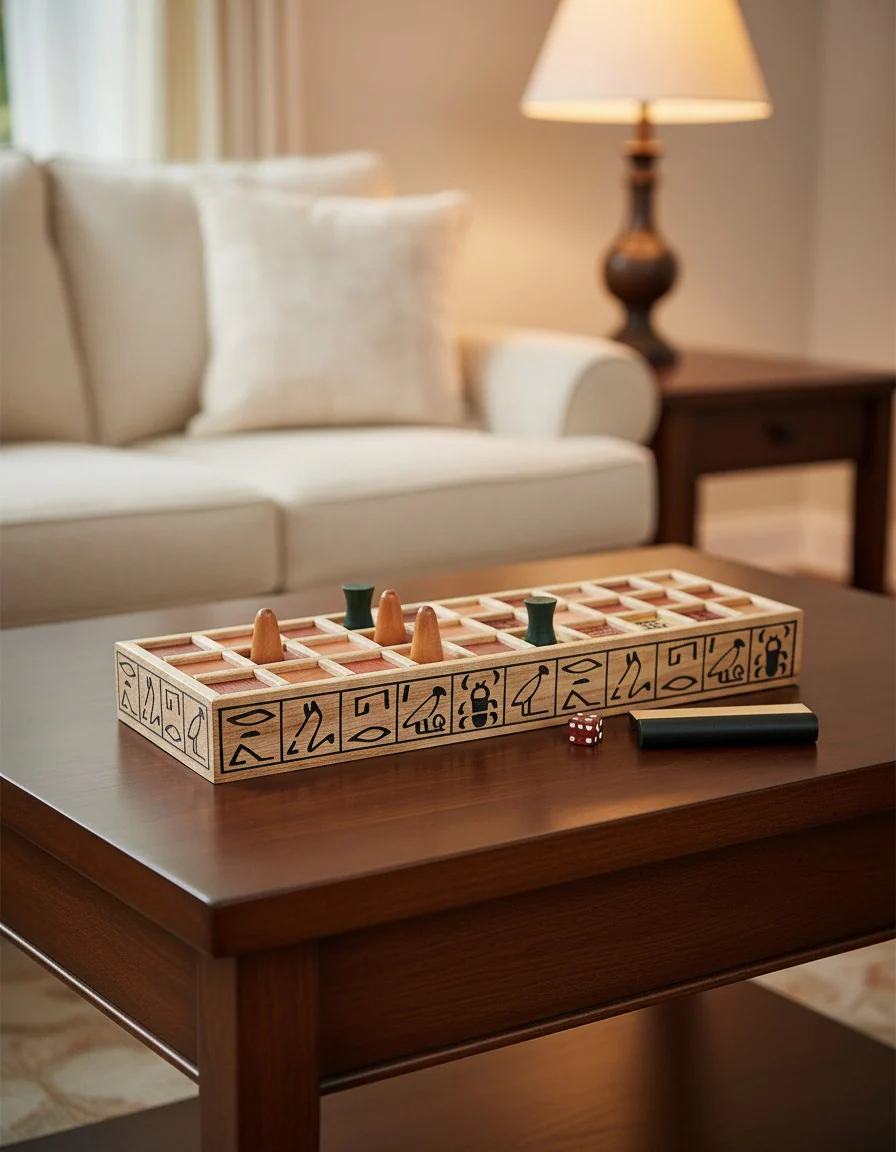 A Senet board game generated by CatalogShot, styled on a coffee table in a warm living room — the Cozy Evening Play scene the AI proposed for this product.