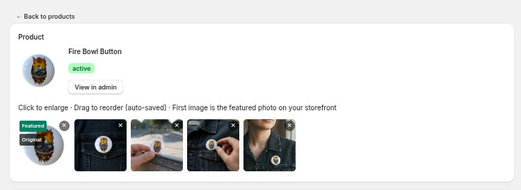 Product header with View in admin / Restore original, and the gallery strip