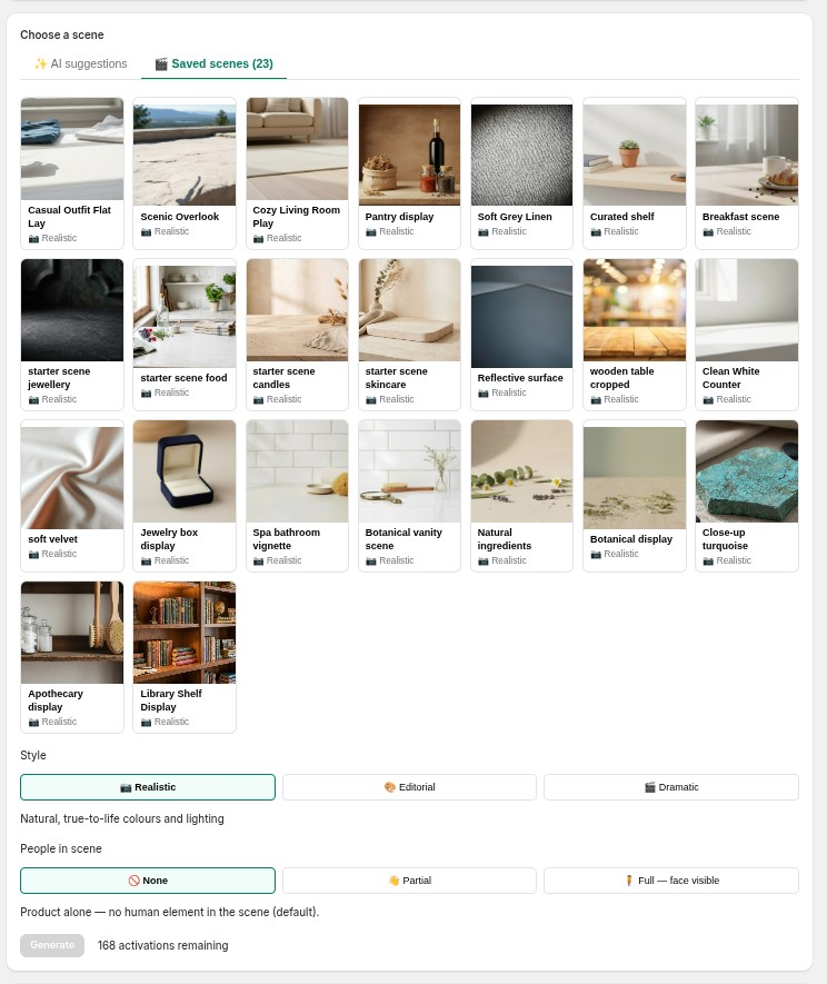 The 🎬 Saved scenes tab — reuse a look across products
