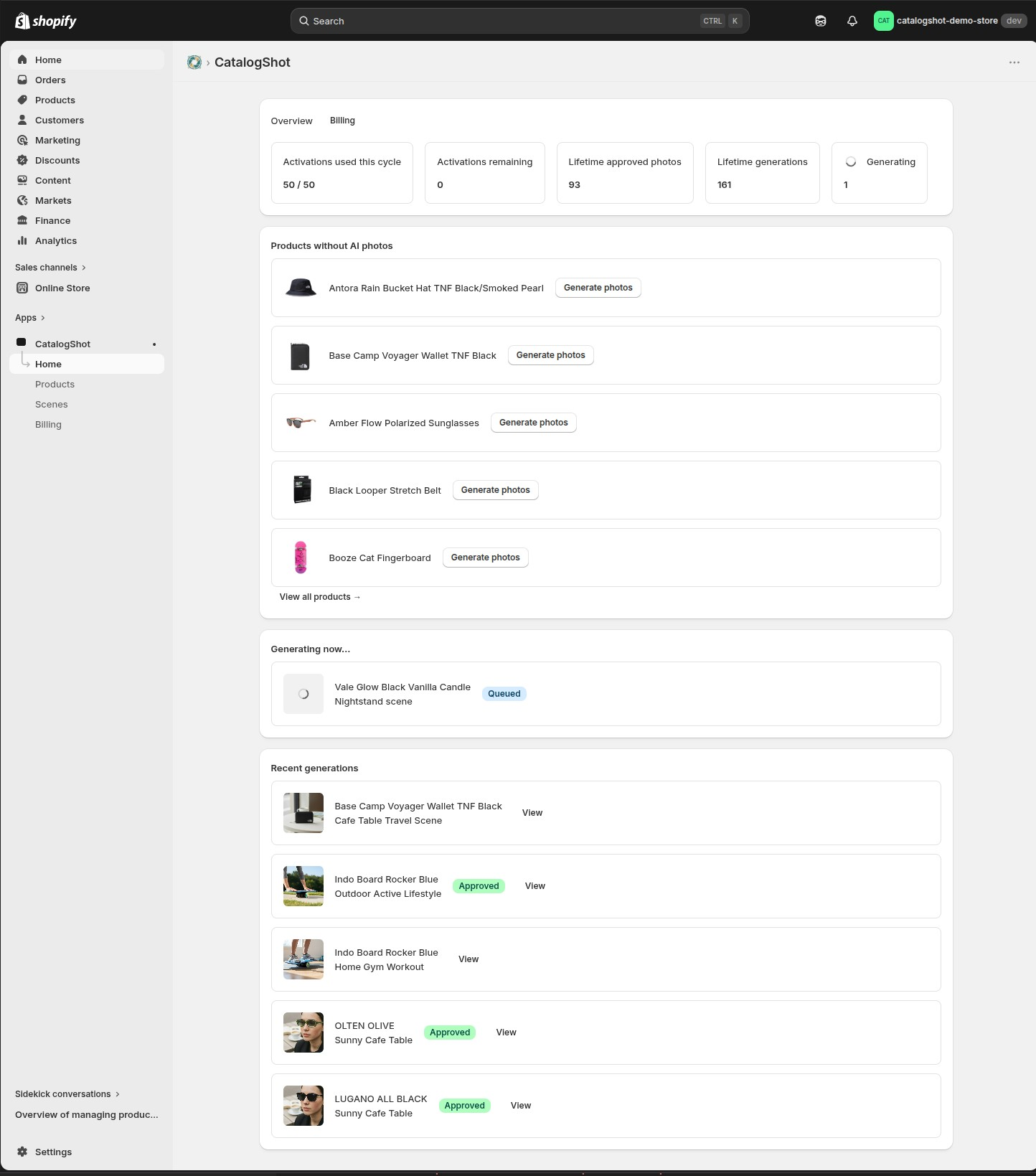 The dashboard: overview stats, products without AI photos, and recent generations