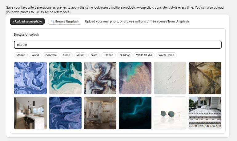 The Browse Unsplash panel — search, pick, and save with attribution