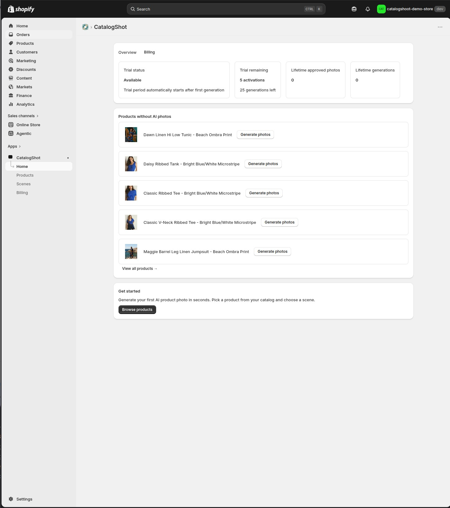 The empty “Get started” state for a brand-new account