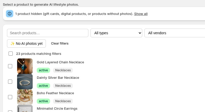 Ineligible products are dimmed with a reason badge, plus the “hidden” banner