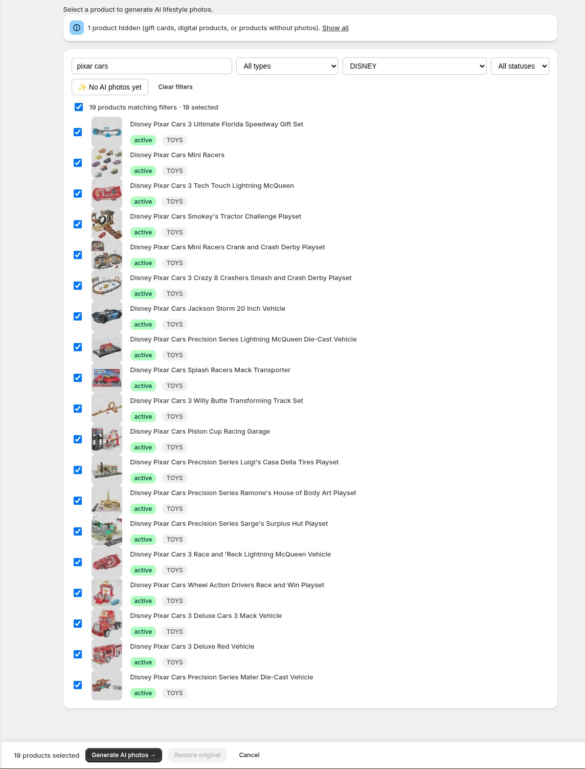 Selecting products reveals the bulk action bar at the bottom