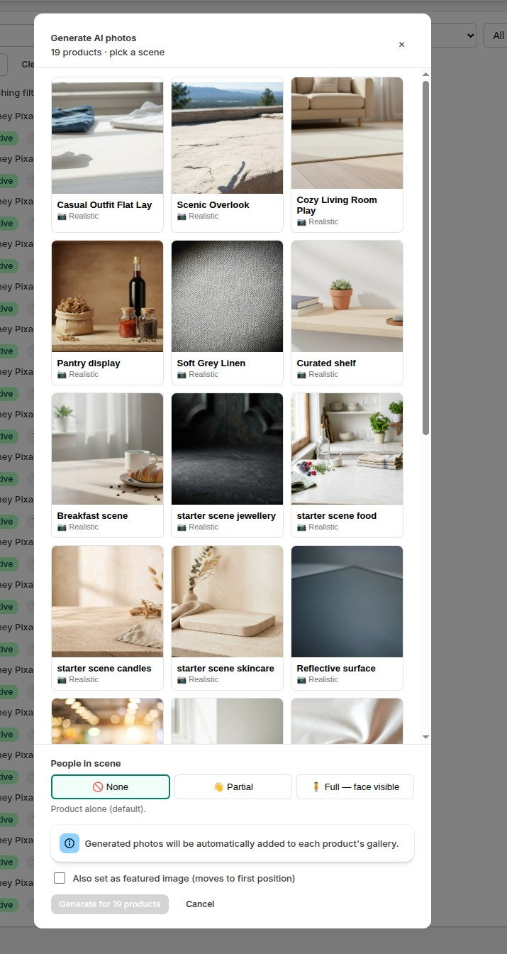 The batch generate modal: pick a saved scene and generate across products